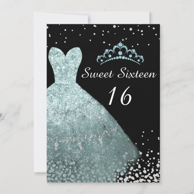 Aqua Turquoise Gown Tiara Sweet 16 Birthday Party Invitation (Front)