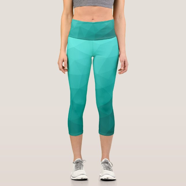 Aqua Turquoise Gradient Geometric Mesh Pattern Capri Leggings (Front)
