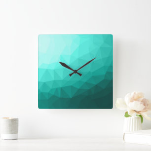 Aqua Turquoise Gradient Geometric Mesh Pattern Square Wall Clock