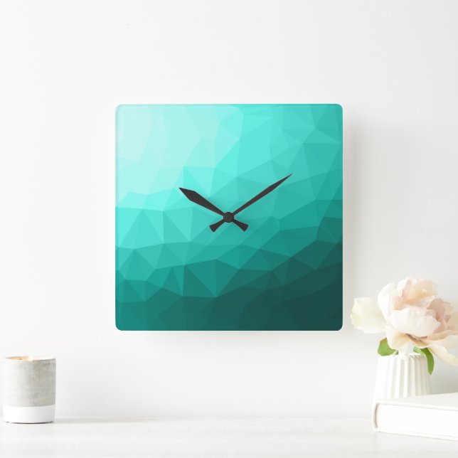 Aqua Turquoise Gradient Geometric Mesh Pattern Square Wall Clock (Home)