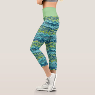 Aqua Turquoise Lime Green Minerals Agate Pattern Capri Leggings