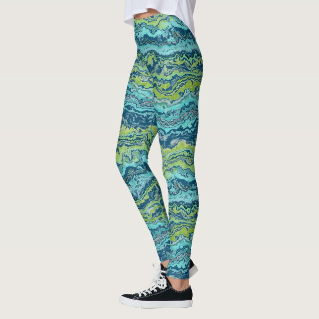 Aqua Turquoise Lime Green Minerals Agate Pattern Leggings (Left)