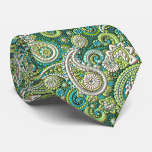 Aqua Turquoise Lime Green Paisley Floral Pattern Tie