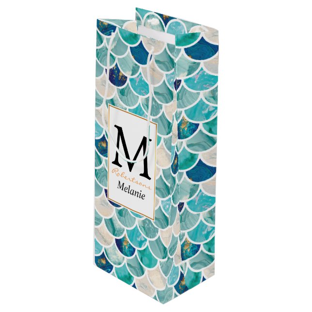 Aqua turquoise marble mermaid fish scales wine gift bag (Front Angled)