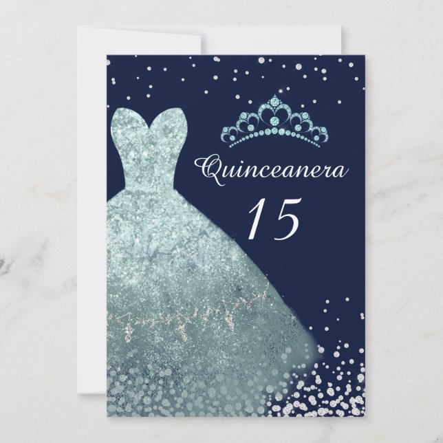 Aqua Turquoise Navy Blue Gown Quinceanera Party Invitation (Front)