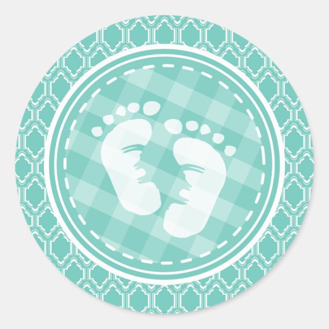 Aqua Turquoise Retro Baby Feet Baby Shower Classic Round Sticker (Front)