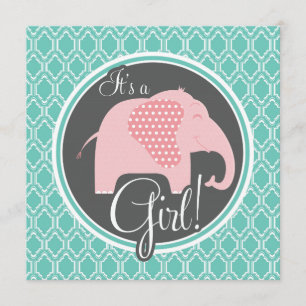 Aqua Turquoise Retro Baby Girl Elephant Shower Invitation