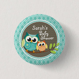Aqua Turquoise Retro Owls Baby Shower 3 Cm Round Badge
