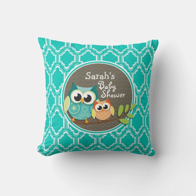 Aqua Turquoise Retro Owls Baby Shower Cushion (Front)
