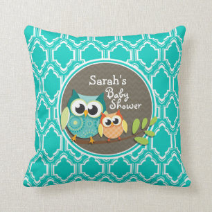 Aqua Turquoise Retro Owls Baby Shower Cushion