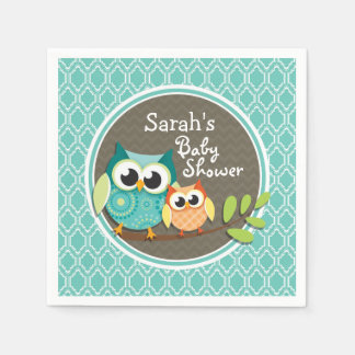 Aqua Turquoise Retro Owls Baby Shower Napkin