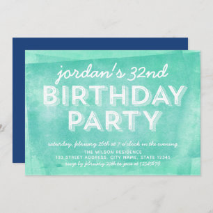 Aqua Turquoise Rolled Ink Any Age Birthday Invitation