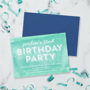 Aqua Turquoise Rolled Ink Any Age Birthday Invitation