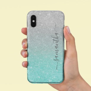 Aqua Turquoise Silver Ombre Glitter Handwritten Case-Mate iPhone Case