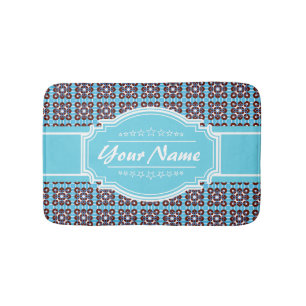 Aqua Turquoise Squares Pattern Personalised Bath Mat