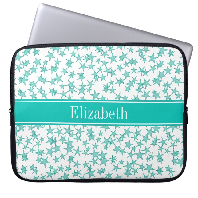 Aqua Turquoise Stars White BG, Teal Name Monogram Laptop Sleeve (Front)