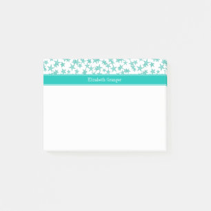 Aqua Turquoise Stars White BG, Teal Name Monogram Post-it Notes