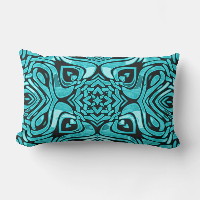 Aqua Turquoise Teal Blue Hip Orient Tribal Art Lumbar Cushion (Front)