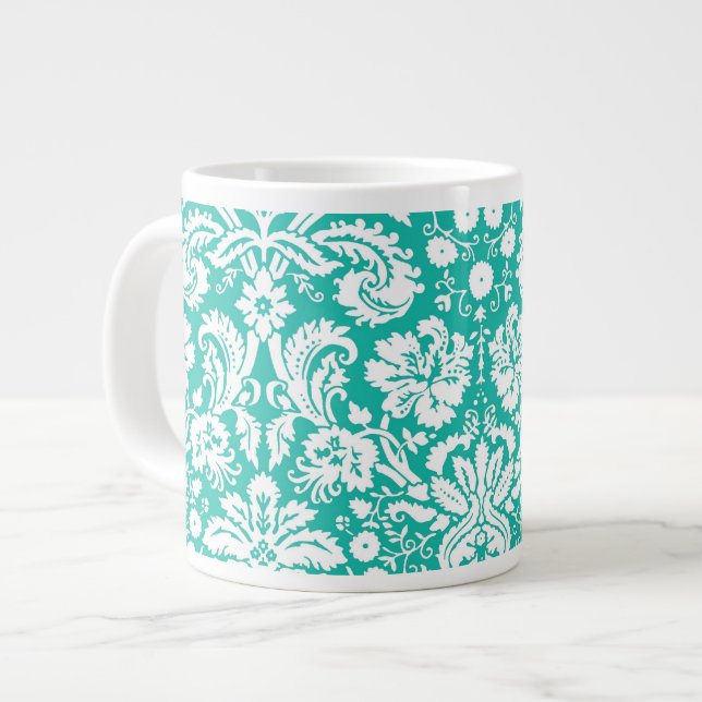 Aqua Turquoise Teal damask pattern Large Coffee Mug (Front Left)