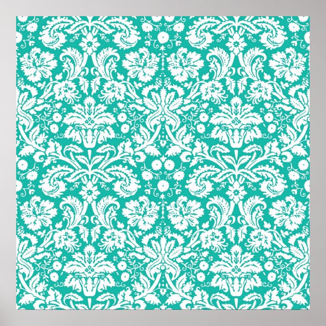 Aqua Turquoise Teal damask pattern Poster (Front)