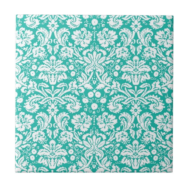 Aqua Turquoise Teal damask pattern Tile (Front)