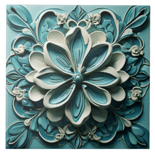 Aqua Turquoise Teal Faux Relief Floral Flower Tile