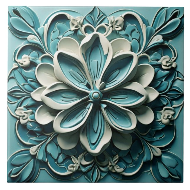 Aqua Turquoise Teal Faux Relief Floral Flower Tile (Front)