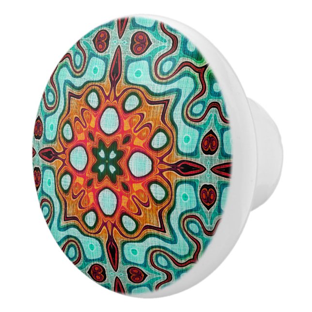 Aqua Turquoise Teal Orange Brown Ethnic Tribe Art Ceramic Knob (Right)