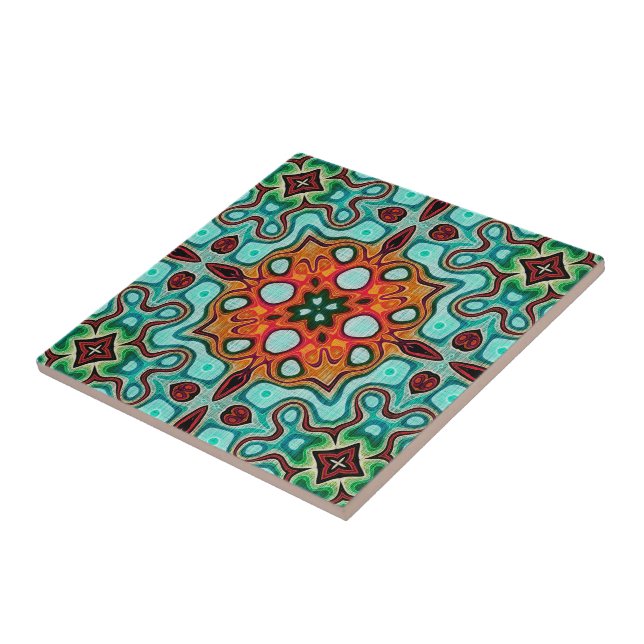 Aqua Turquoise Teal Orange Brown Ethnic Tribe Art Tile (Side)