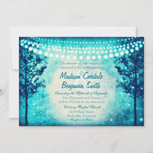 Aqua Turquoise Trees String Lights Wedding Invites (Front)