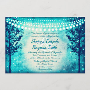 Aqua Turquoise Trees String Lights Wedding Invites