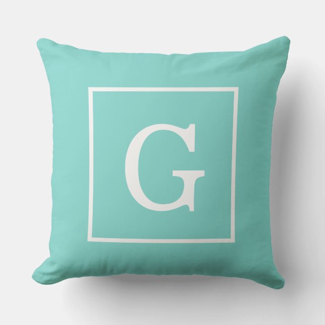 Aqua Turquoise White Framed Initial Monogram Cushion (Front)