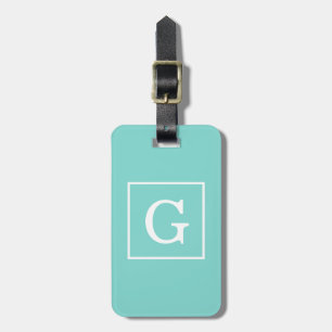 Aqua Turquoise White Framed Initial Monogram Luggage Tag