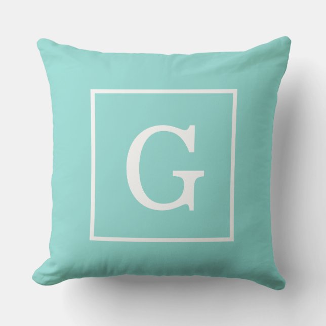 Aqua Turquoise White Framed Initial Monogram Outdoor Cushion (Front)