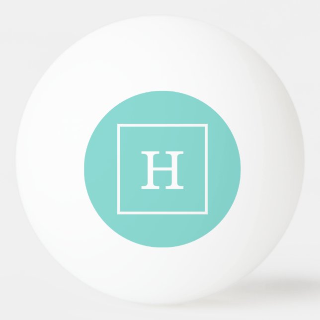 Aqua Turquoise White Framed Initial Monogram Ping Pong Ball (Front)