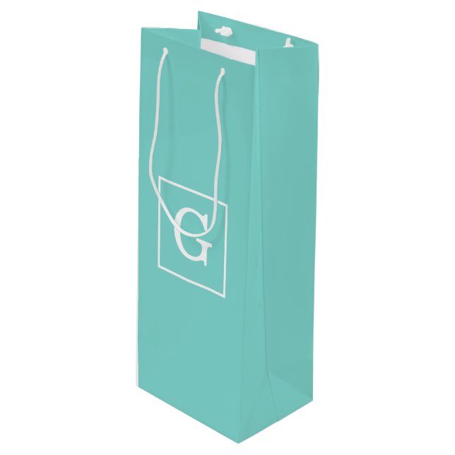 Aqua Turquoise White Framed Initial Monogram Wine Gift Bag (Front Angled)