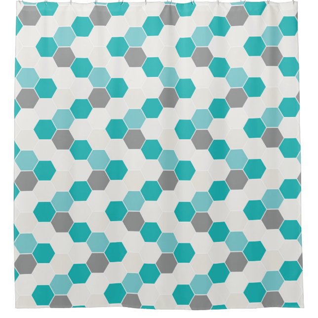 Aqua Turquoise White Grey Honeycomb Pattern Shower Curtain (Front)