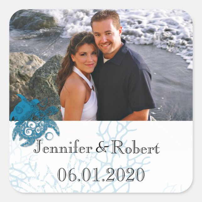 Aqua Turtle Love Wedding Square Sticker (Front)