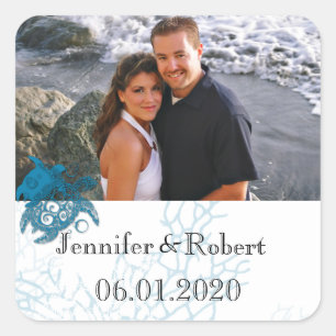 Aqua Turtle Love Wedding Square Sticker
