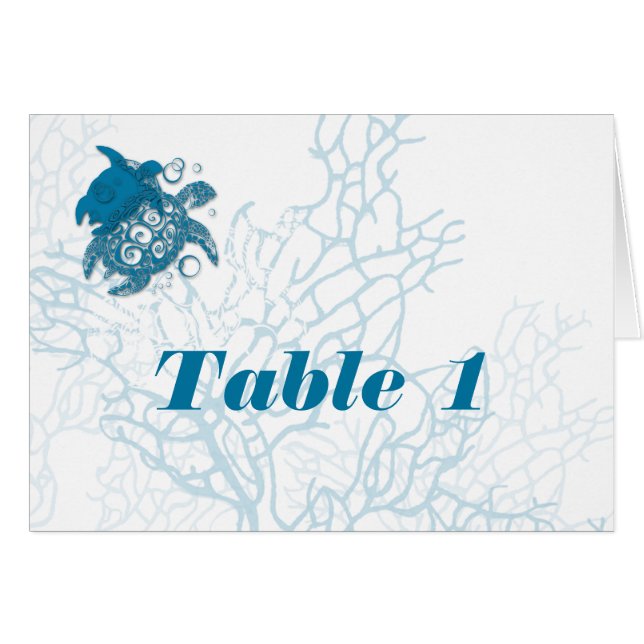 Aqua Turtle Love Wedding Table Number tent (Front Horizontal)