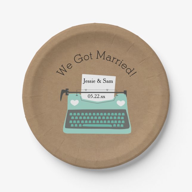 Aqua Typewriter Customised Wedding Paper Plates (Front)