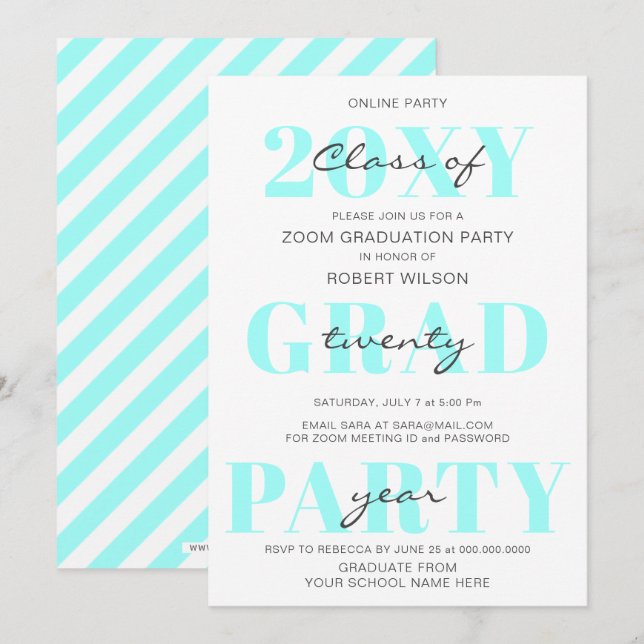 Aqua Typography Modern Online Graduation Party  Invitation (Front/Back)