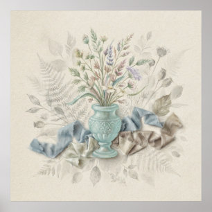 Aqua Vase Wildflowers Blue Silk Botanical Poster