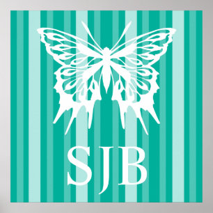 Aqua Victorian Lady Stripe with Butterfly Poster