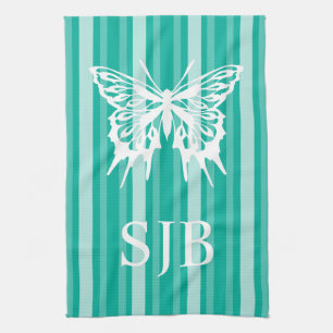 Aqua Victorian Stripe with Butterfly Monogram Tea Towel