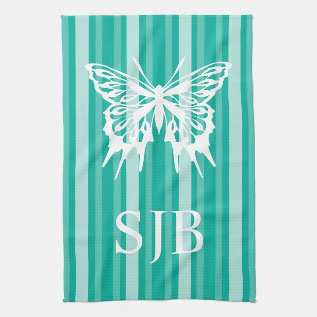 Aqua Victorian Stripe with Butterfly Monogram Tea Towel (Vertical)