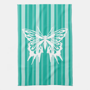 Aqua Victorian Stripe with Butterfly Tea Towel