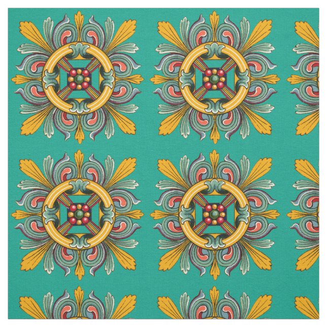 Aqua Victorian Tile Design Fabric (Swatch)