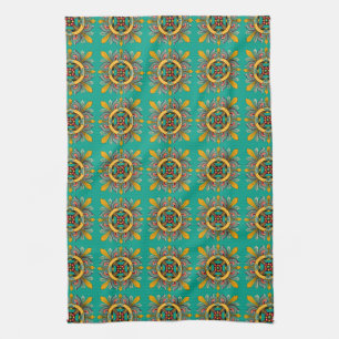 Aqua Victorian Tile Design Tea Towel
