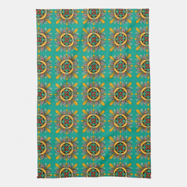 Aqua Victorian Tile Design Tea Towel (Vertical)